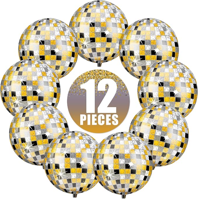 KatchOn, Huge Disco Ball Balloons -22 Inch, Pack of 12 | Black And Gold Disco Balloons for Disco Party Decorations | 360 Degree 4D Sphere Disco Balloon | Gold and Black Party Decor