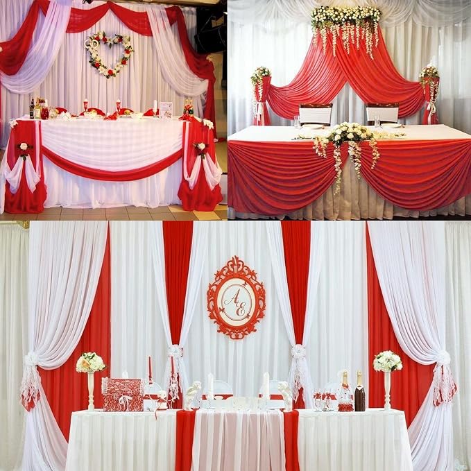 Fivenl 12 Pack Chiffon Table Runner - 12 x 120 Inches Sheer, Romantic, Wedding & Party Decoration (12" x 120", Red)