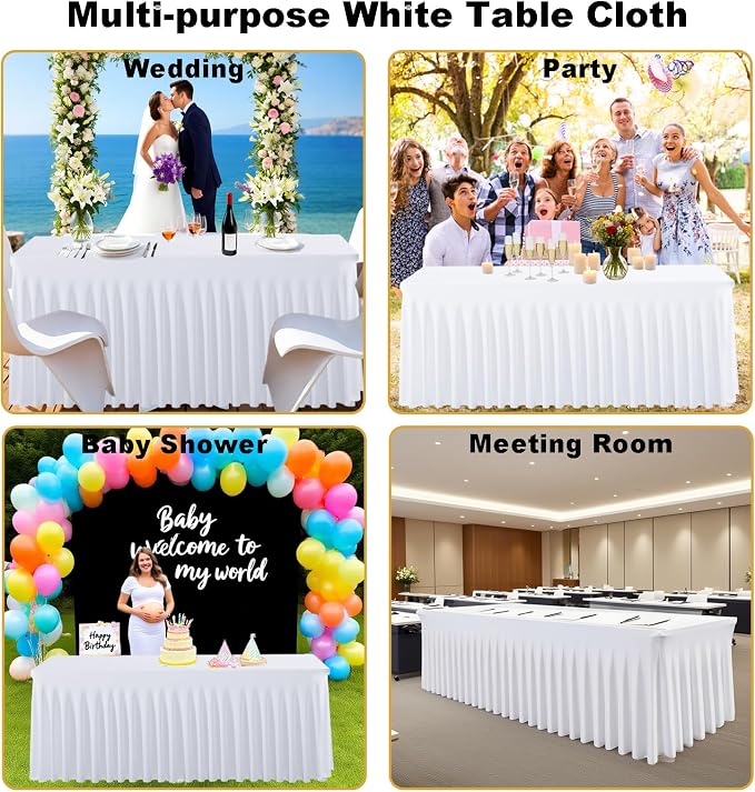 3 Pack White Spandex Table Clothes for 6 Foot Rectangle Tables, Fitted Stretch Table Cover 6ft White Spandex Tablecloths with Table Skirt for Weddings Birthday Parties Banquet Baby Shower