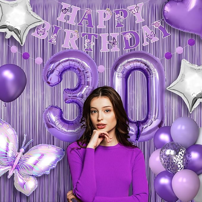 30th Purple Birthday Decorations for Women, Purple Pink 30th Birthday Decorations Butterfly Theme Lavender Party Decor Set with Number Balloons, Banner, Sash, Butterfly Stickers