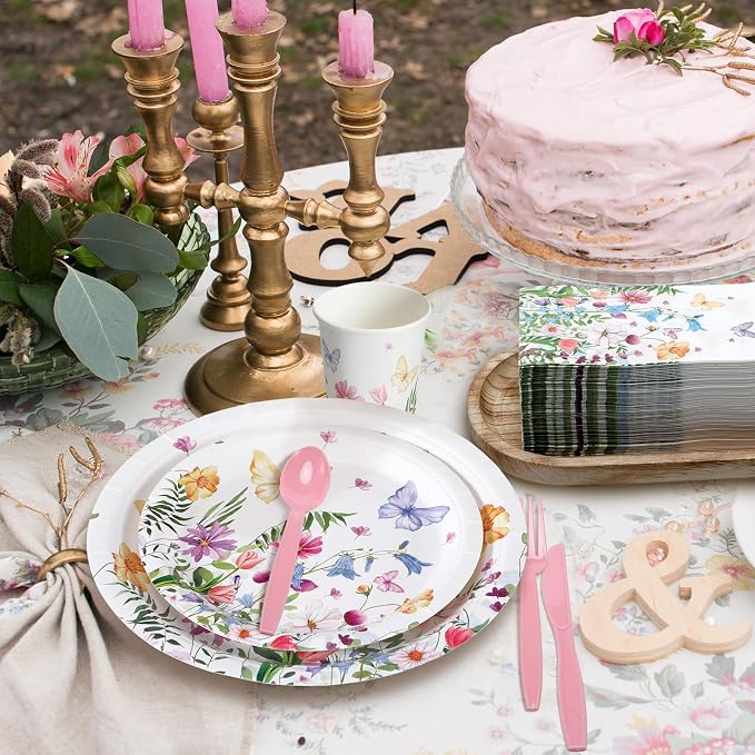 Sinmoe 400 Pcs Spring Wildflower Plates and Napkins Set Paper Flower Dinnerware Disposable Party Supplies for 50 Guest Floral Dinnerware Knife Fork Spoon for Spring Birthday Baby Shower Wedding Party