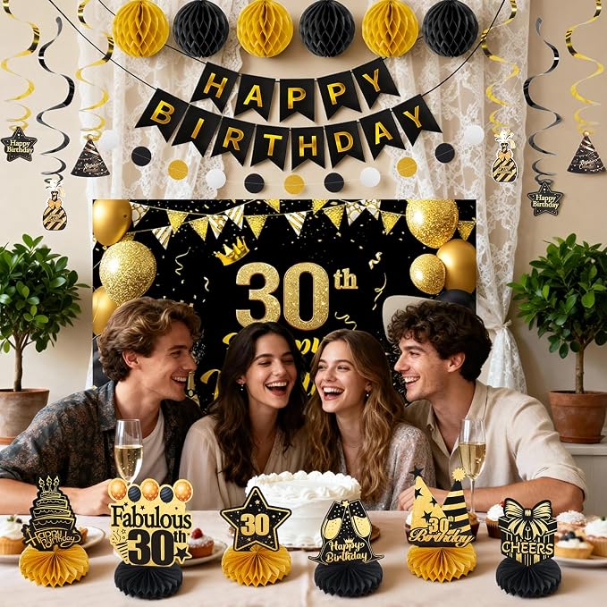 Happy 30th Birthday Party Decoration: Including Birthday Banner Backdrop, Party Table Centerpieces and Hanging Swirl Party Streamers, Birthday Decor for Men and Women (Gold/Black, 30th Birthday)