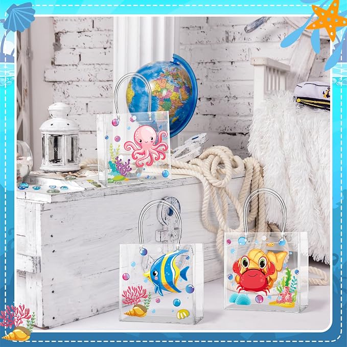 Teenyyou 24 Pcs Sea Animal Party Favor Bags PVC Clear Ocean Gift Bags with Handle for Birthday Party Supplies