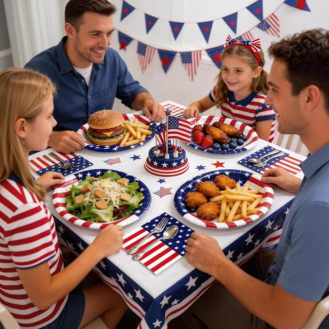 100 Pcs Patriotic Oval Paper Plates and Napkins, 12"×10" Large Disposable Red White Blue American Flag Themed Tableware Set Heavy Duty for Veterans Day Election Day 4th of July Independence Day Decor