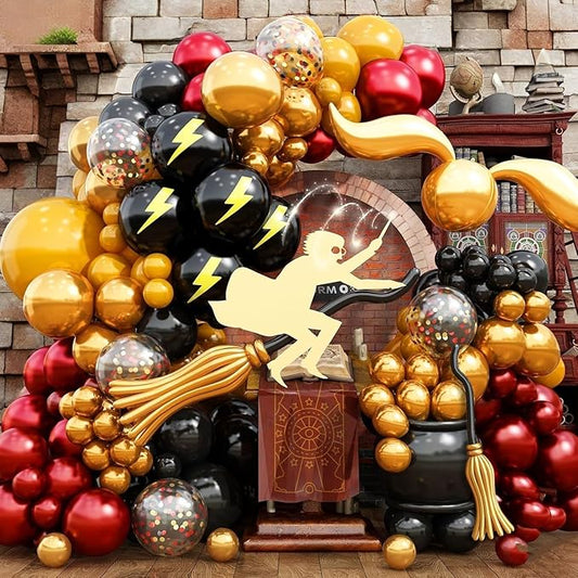 204PC Magical Wizard Balloons Arch, Burgundy Red Black Gold Lightning Balloons Garland Kit, Diy Broom Snitch Foil Balloons Maroon Mustard Yellow Confetti Balloons for School Birthday Decorations Party