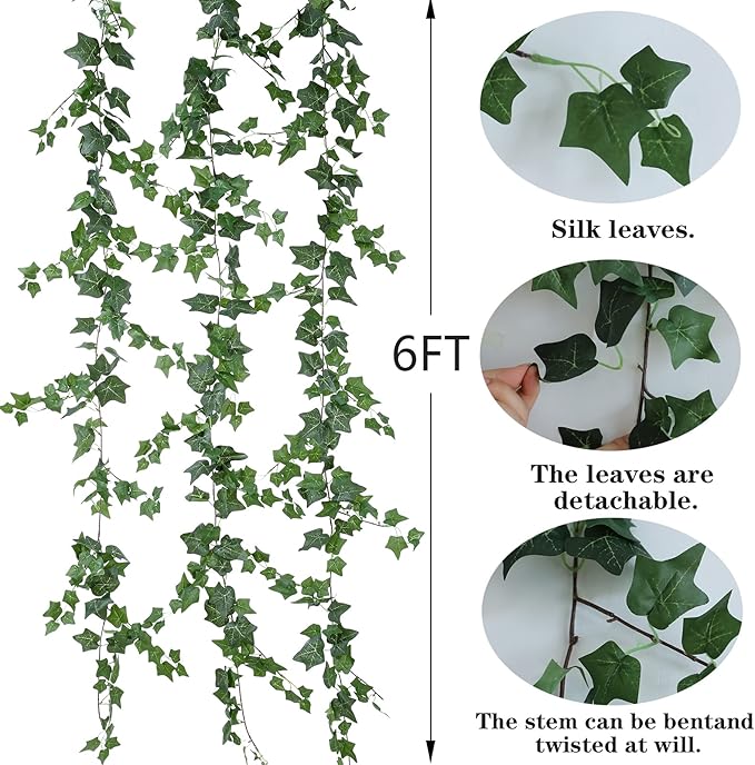 3Pcs Artificial Greenery Ivy Vines Kit, 6FT Odorless Silk Ivy Garland, Green Leaves Fake Hanging Plants, for Boho Decor, Home, Classroom, Wall, Party and Wedding Decoration