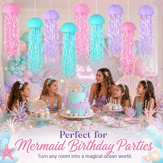6-Pack Jellyfish Paper Lanterns with Shiny Ribbons, Pink Blue Purple Under The Sea Party Decorations, Mermaid Birthday Decorations for Girls, Ocean Themed Pool Party