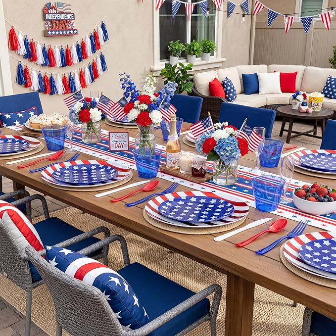 KIRE 150PCS 4th of July Plates & Red White Blue Disposable Plastic Silverware &Clear Blue Cups-American Flag Patriotic Party Supplies for Memorial Day/Independence Day/Veterans Day
