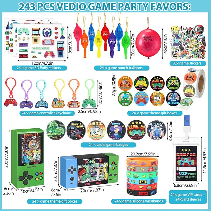 243 Pcs Video Game Party Favors for Kids Gamer Goodie Bag Stuffers Gaming Birthday Party Supplies with Gift Boxes, VIP Pass, Balloons, Bracelets, Keychains, Badges, 3D Stickers (Colorful)