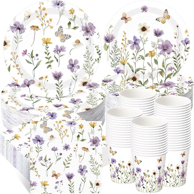 Ziliny 250 Pcs Wildflower Party Decorations Include Spring Summer Floral Paper Plates Napkins and Cups for Wildflower Baby Shower Tea Decorations, Serve 50 Guest (Purple, Spring Style)