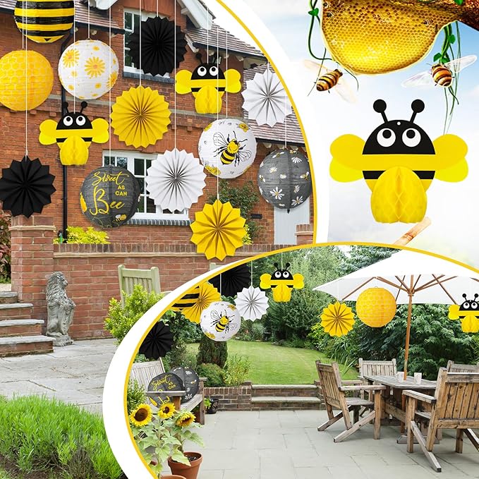 Retisee 18 Pcs Bee Honey Party Decoration.Yellow White Hanging Paper Lantern Bee Honeycomb Fans Honeycomb Ball for Honey Birthday Party Ceiling Decor Supplies