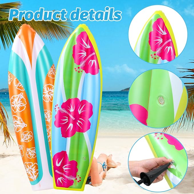 JellyArch 4 Pcs Inflatable Surf Board 36 Inch Inflatable Pool Floats Luau Hawaiian Party Decorations Tropical Flower Blow up Surfboard for Wall Beach Party Decorations