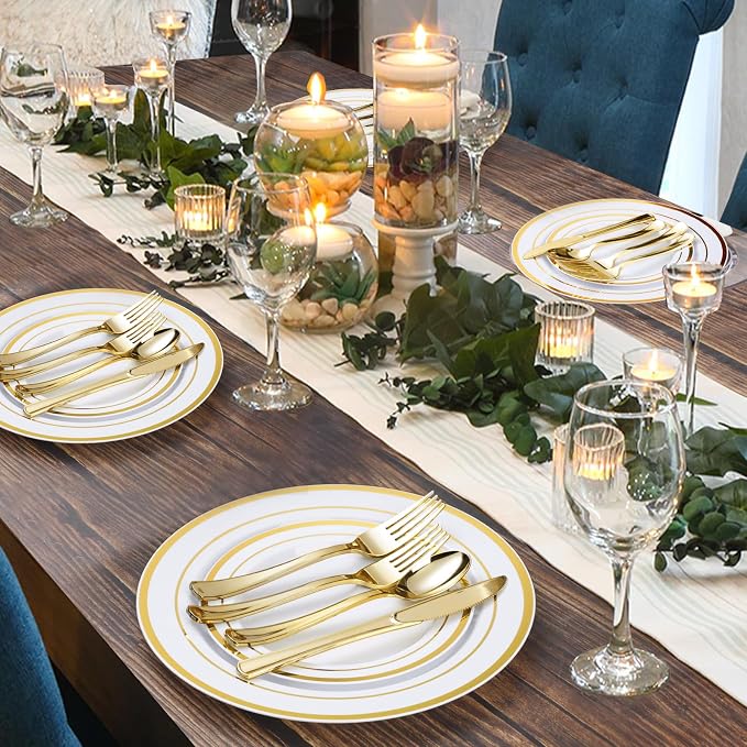 BESTVIP 300PCS Gold Plastic Plate Set (50 Guests), Plastic Plates for Party Wedding Birthday, Disposable Dinnerware Set of 100 Plates, 100 Forks, 50 Spoons, 50 Knives for Christmas