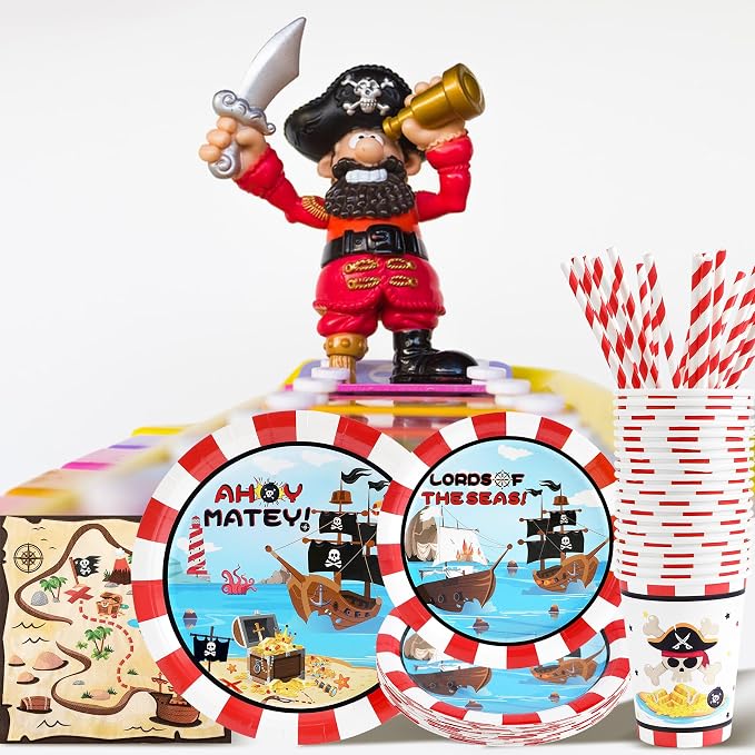 Recheel Pirate Birthday Party Supplies Decorations, Pirate Treasure Theme Paper Plates and Napkins Set with Cups and Straws for 24 Guests, 120 Pcs Disposable Party Dessert Dinnerwares