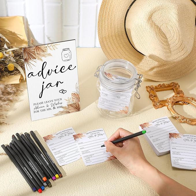 Sintuff 114 Pieces Boho Theme Bridal Shower Decoration Include Advice and Wishes for the Mr and Mrs Wedding Sign with Holder 100 Advice and Wishes Cards 12 Pens PET Wedding Wish Jar for Guests