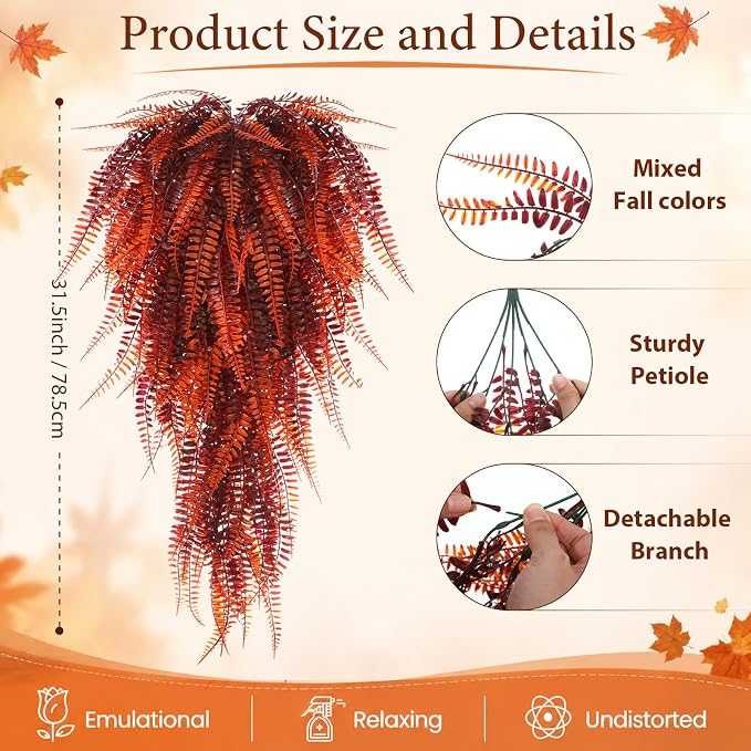 Daifunli 12 Pcs Artificial Fall Hanging Plants Fake Hanging Ferns Plastic Autumn Faux Plants for Wall Room Garden Garland Indoor Outdoor Decor No Basket (Fall Boston =)