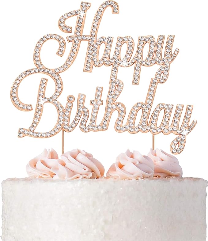 Happy Birthday Cake Topper - Premium Rose Gold Metal - Happy Birthday Party Sparkly Rhinestone Decoration Makes a Great Centerpiece - Now Protected in a Box