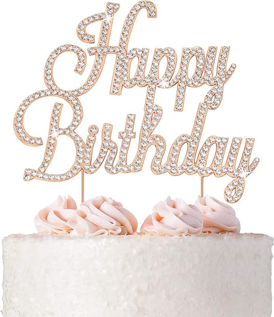 Happy Birthday Cake Topper - Premium Rose Gold Metal - Happy Birthday Party Sparkly Rhinestone Decoration Makes a Great Centerpiece - Now Protected in a Box