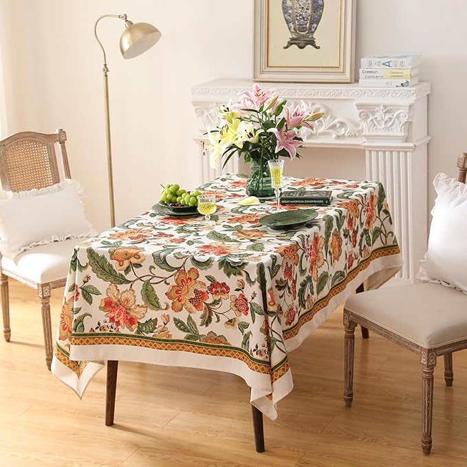 patdrea Vintage French Linen Tablecloth,Square,55"x55"-Santiago A | Elegant Print Table Cloth for Square Table,Colorful Floral Patterned,for Dining Room Tea Party Vender Banquet