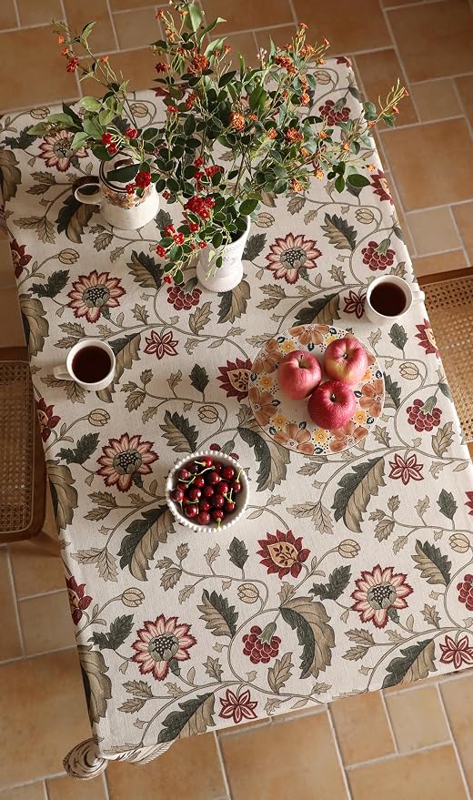 ISAENNE Designer Vintage Linen Tablecloth Rectangular,102"x63"-Ratina | French Elegant Printed Table Cloth for Rectangle Table,Floral Pattern,Decor,Heavyweight,Dining Room,Kitchen,Thanksgiving