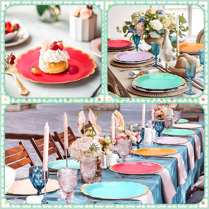 48 Pcs Candy Color Paper Plates 9 Inch Light Colorful Rainbow Scalloped Paper Disposable Dinner Dessert Plates for Birthday Wedding Bridal Party Supplies, 6 Colors