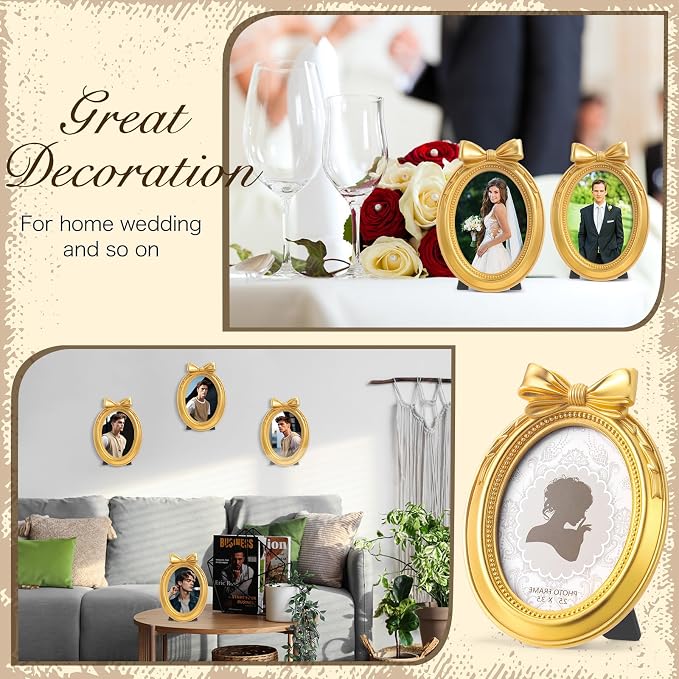 Vicenpal 3 Pcs Mini Gold Vintage Picture Frames, Resin Baroque Photo Frame with Glass and Stand, Small Antique Oval Frames for Wedding Anniversary Home Table Wall Decor, 2.5 x 3.5 Inch