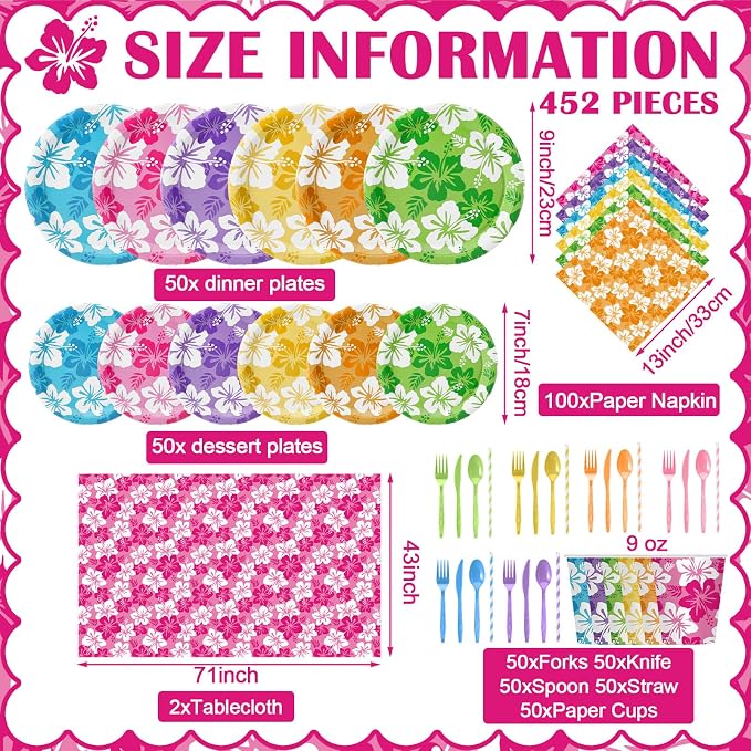 Vesici 452 Pcs Hawaiian Luau Party Supplies Set Tropical Hibiscus Tableware Kit with Plates Napkins Tablecloths Cups Utensils Straws for Summer Beach Pool Birthday BBQ Aloha Party Decor, Serve 50