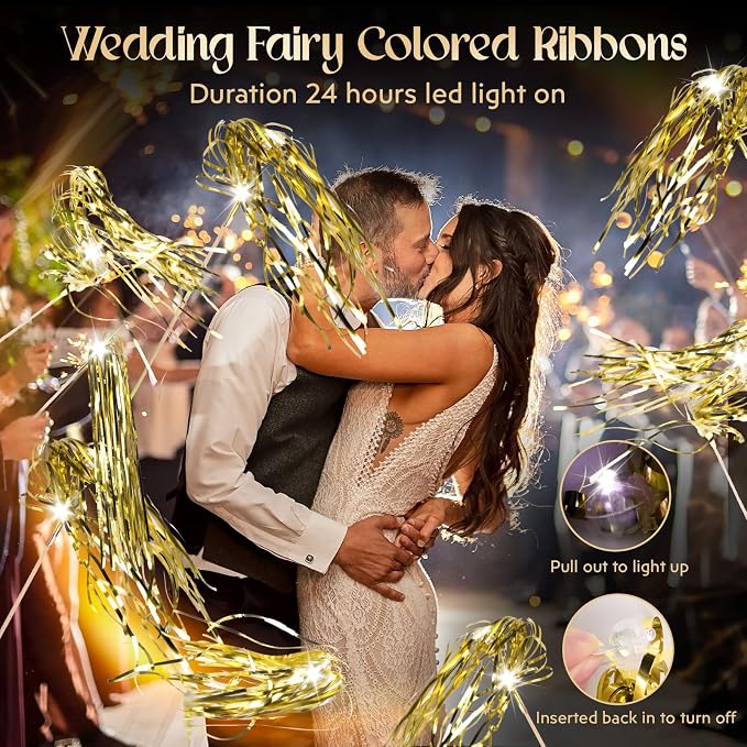 Drixbor 100 PCS Light Up Wedding Wands - LED Tinsel Streamers for Wedding Send Off & Grand Entrance, Party Favors for Weddings Birthdays Christmas (Gold)