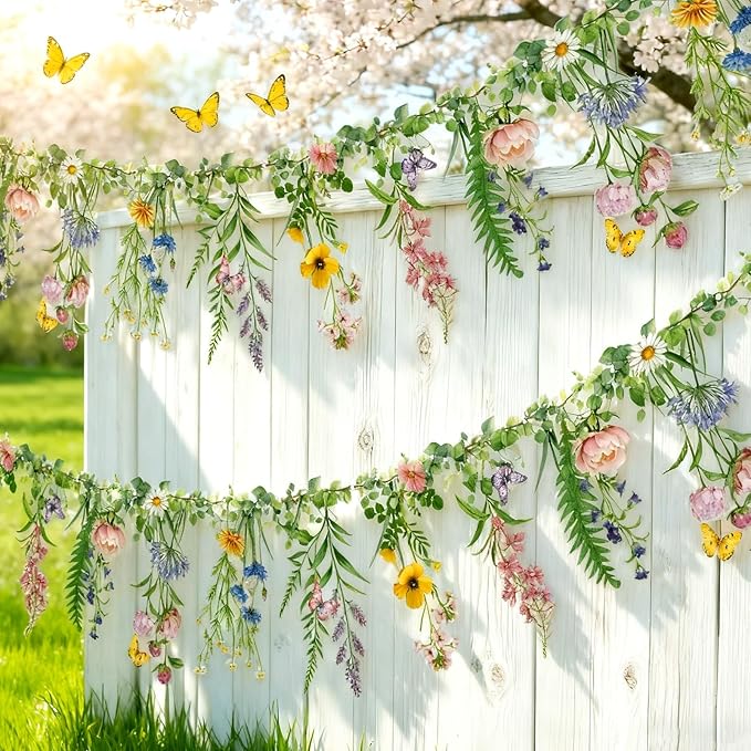 SUNBEAUTY Wildflower Banner 2 Pcs Garden Party Flower Spring Summer Reusable Waterproof Garland 9.8FT for Enchanted Garden Woodland Tropical Wedding Baby Shower Birthday Tea Supplies Girl Decorations