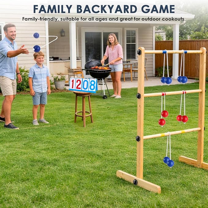 Ladder Ball Set with 2 Ladders 6 Bolas and Scoreboard Lawn Game Ladder Toss Outdoor Ladder Toss Game Set Wood Ladder Ball Set