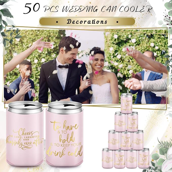 Qinyoung 50 Pieces Pink Rose Wedding Can Cooler Bulk Engagement Party Favors for Guests Cheers to Love Laughter and Happily Ever After Rehearsal Dinner Decorations for Wedding Bridal Party