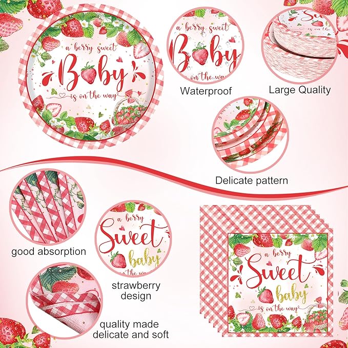 Funnymoom 452 Pcs Strawberry Baby Shower Decorations Party Supplies Strawberry Paper Plates Napkins Cups Tablecloth Cutlery Straws Tableware for a Berry Sweet Baby Is on the Way Decorations