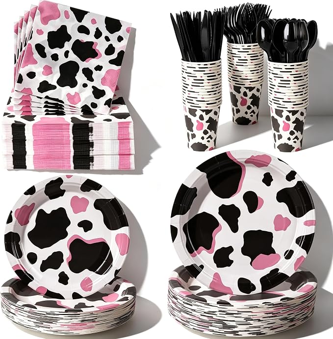 400 Pcs Disposable Pink Cow Print Tableware Set for 50 Guests | Heavy-Duty 7" & 9" Paper Plates, Cups, 13" Napkins & Plastic Cutlery for Cow Birthday, Farm and Western Party Supplies