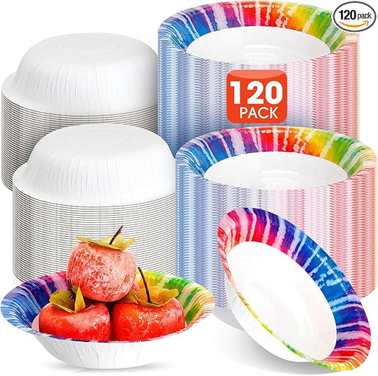 FillTouch 120 Pcs Tie Dye Paper Bowls Bulk 16 oz Party Supplies Disposable Paper Soup Bowls 7 Inches for Hot Cold Food Snack Milk Cereals Salads Dinner Birthday Rainbow Decorations
