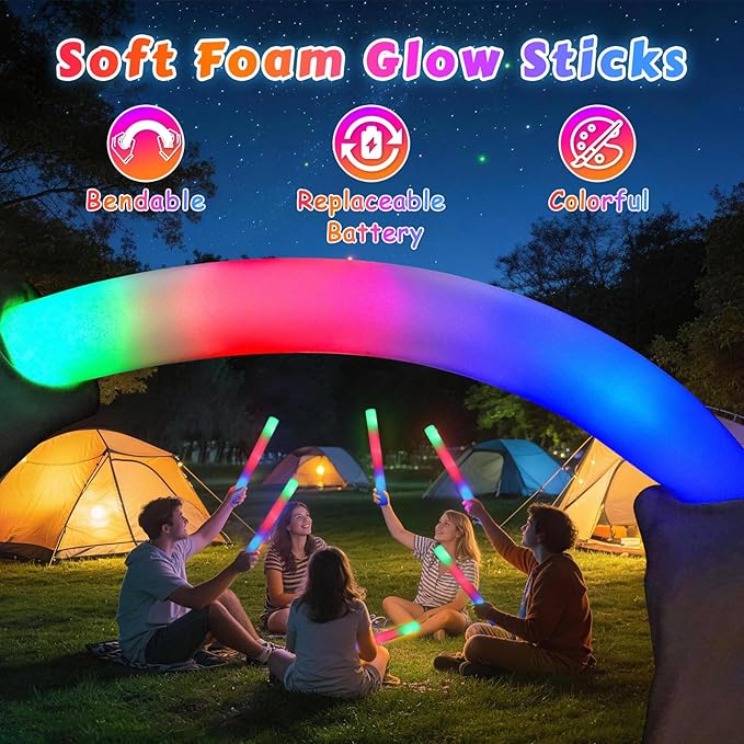 SHQDD 125PCS Foam Glow Sticks Bulk, Light up in the Dark Party Supplies with 3 Colorful Flashing Modes, Glow Party Pack for Wedding, Birthday, Concert, New Year, Halloween, Christmas,Carnival