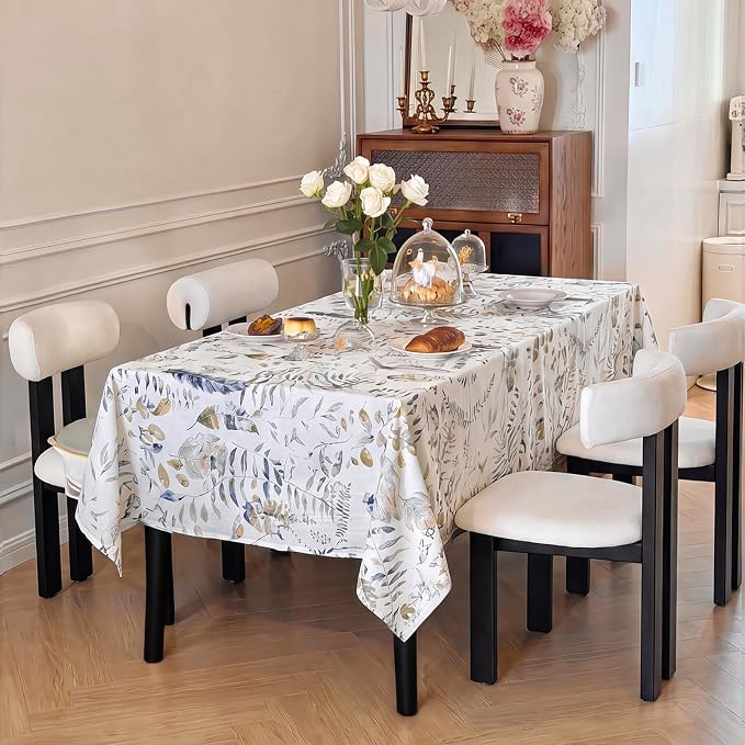 Rectangular Table Cloth 60x108 Inches, Cotton Linen Waterproof Outdoor Tablecloth, Blue Green Leaf Print Fabric Tablecloth for Dining, Wedding, Party, Kitchen