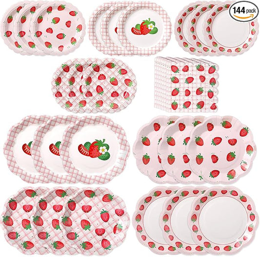 144 Pcs 48 Guests Strawberry Party Plates and Napkins Berry First Birthday Paper Plates Napkins Disposable Tableware for Strawberry 1st Birthday Baby Shower Decorations Tea Party Supplies
