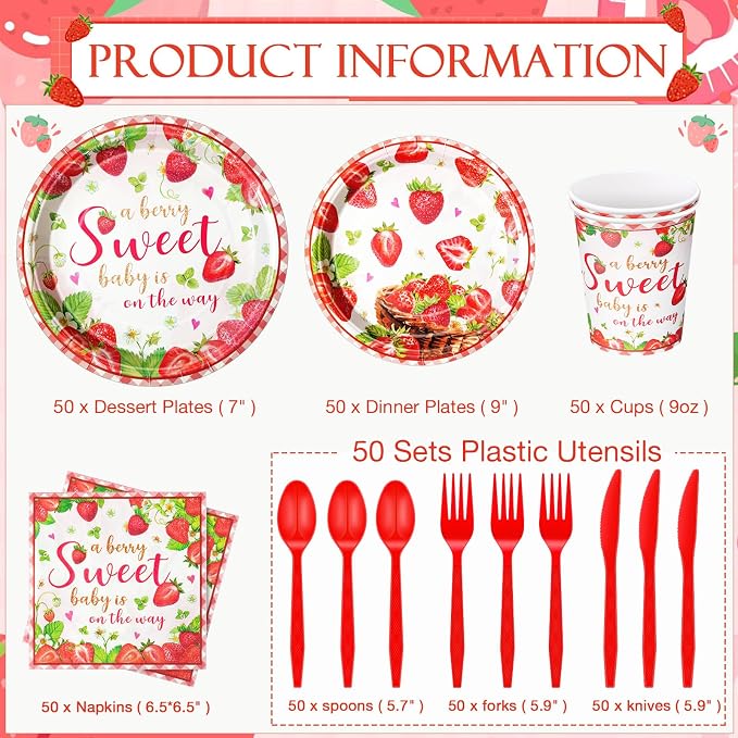 Ziliny 350 Pcs Sweet Baby Shower Party Supplies a Berry Sweet Baby Is on the Way Tableware Set Strawberry Disposable Plates Napkins Paper Cup Plastic Cutlery Serves 50