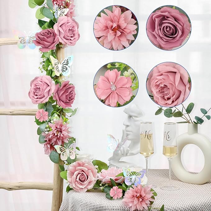 4 Pack 5.9 FT Artificial Flower Garland with Butterflies Fake Rose Garland Faux Greenery Eucalyptus Garlands for Wedding Table Backdrop Arch Centerpieces Decorations - DarkPink
