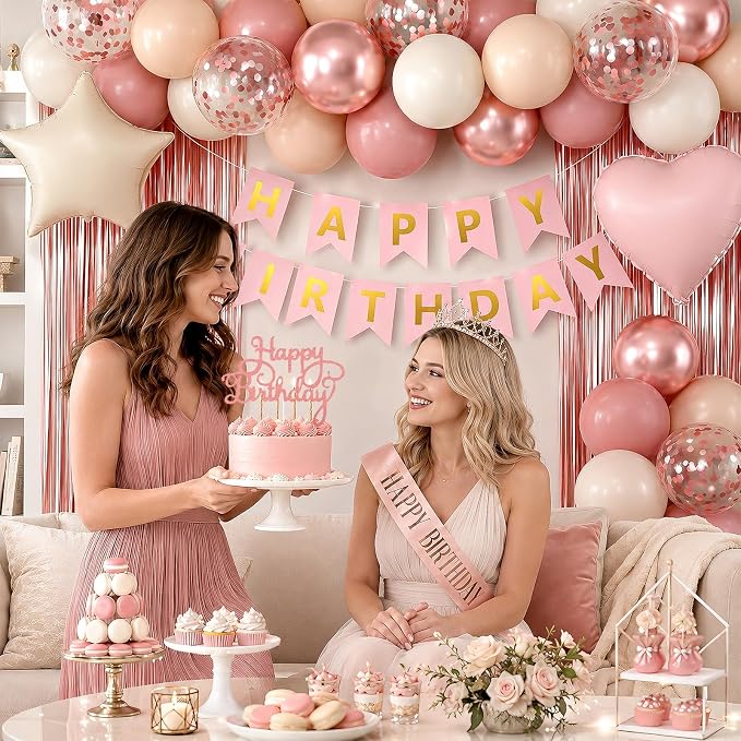 Dusty Pink Birthday Decorations for Women Girls,Retro Pink Balloons with Happy Birthday Banner,Fringe Curtain,Cake Topper,Sash and Crown for Birthday Party Supplies