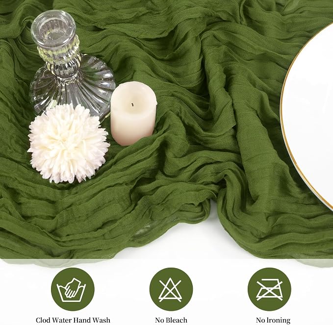 20 Pack Cheesecloth Table Runner 17 x 108 inch Long Boho Gauze Table Runners Semi Sheer Table Runner for Wedding Decor, Baby Shower, Birthday Party, Banquet (Olive Green)