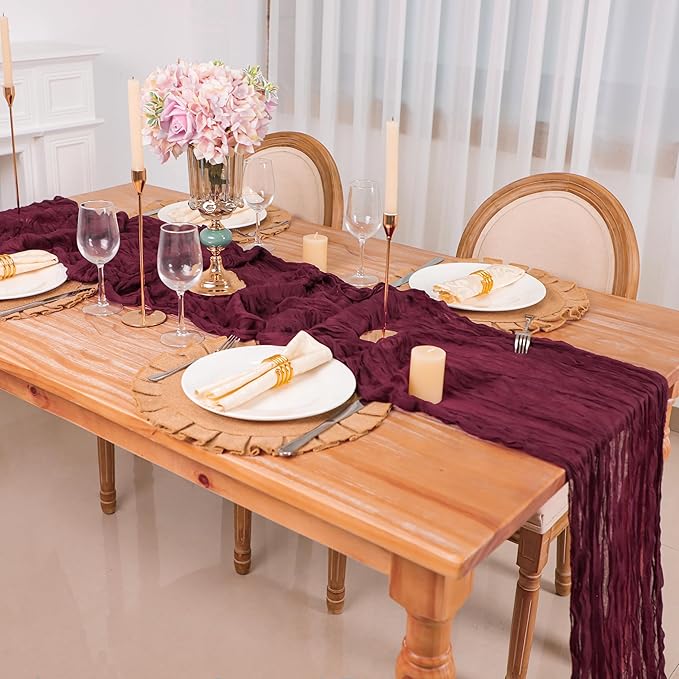 Snowkingdom Burgundy Red Easter Spring Table Runner, 10 Ft Cheesecloth Gauze Rustic Boho Cheese Cloth Runner for Wedding Birthday Bridal Baby Shower Christmas Holiday Long Sheer Home Decorations
