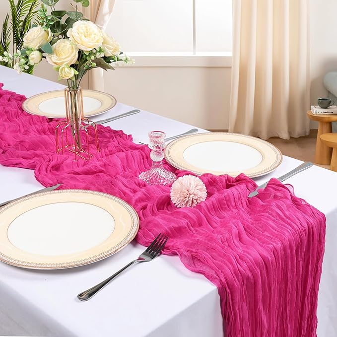 12 Pack 10FT Hot Pink Cheesecloth Table Runner 120 Inch Long Gauze Rustic Boho Spring Cheese Cloth Table Runner Sheer Fabric Decorations for Holiday Party Wedding Banquet Bridal Baby Shower Décor