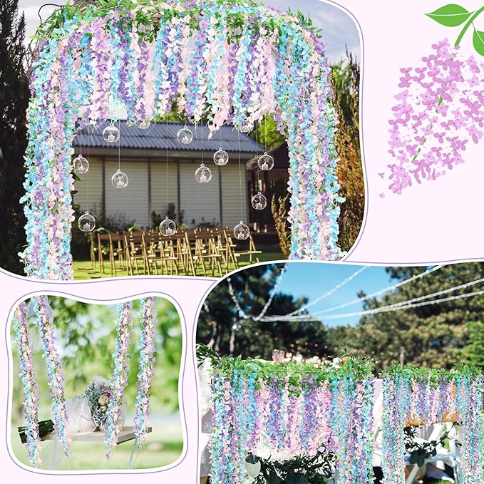 Thiccywoov 4pcs Wisteria Artificial Flowers Garland, 7.2Ft/Piece Wisteria Hanging Flowers Garland for Wedding Arch Decoration Outdoor Ceremony Home Backdrop Garden (Pink,Purple,Blue)