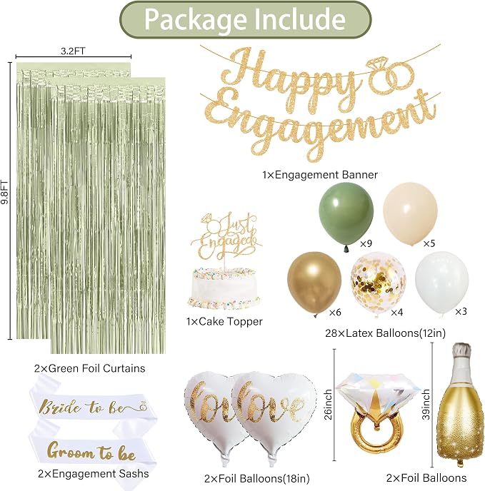 Trgowaul Green Gold Engagement Party Decorations, Happy Engagement Banner Backdrop, Bride&Groom Sash for Bridal Shower, Ring Foil Balloon, Just Engaged Cake Topper Wedding Shower Decor