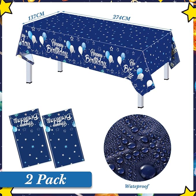 Pajean Blue and Silver Happy Birthday Party Tableware Set Navy Blue Birthday Decoration for Men Banner and Tablecloths Plates Cups Napkins Dinnerware for 24 Guests Party Supplies