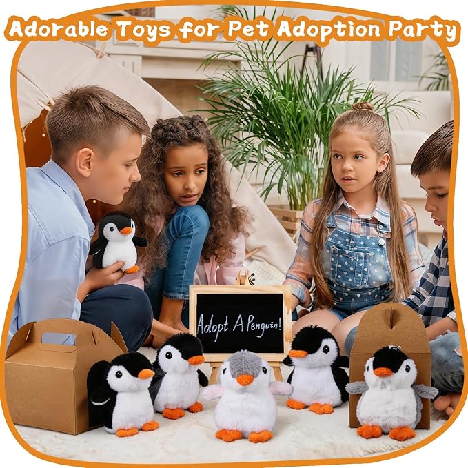 Adopt A Penguin Party Favors Mini Plush Stuffed Animals Set with 12 Plush Penguin Mini Fence Blackboard Kraft Paper Box for Adopt An Animal Themed Birthday Party