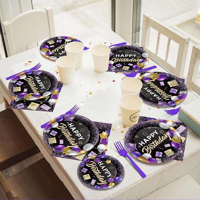 gisgfim 50 Guests Purple Birthday Party Supplies Purple and Black Plates and Napkins Forks Happy Birthday Tableware Paper Plates for Women Girl Party 200PCS