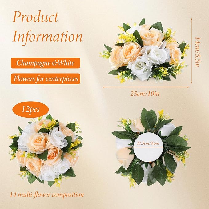 Hotop 12 Pcs Artificial Rose Flower Balls for Centerpieces, Silk Roses Kissing Balls Romantic Faux Floral Arrangements for Engagement Wedding Home Decor (Champagne,White)