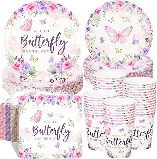 Ziliny 250 Pcs Butterfly Baby Shower Party Tableware Set a Little Butterfly Is on the Way Baby Shower Decorations Pink Purple Floral Paper Plates Napkins and Cups for 50 Guest(Cute Style)